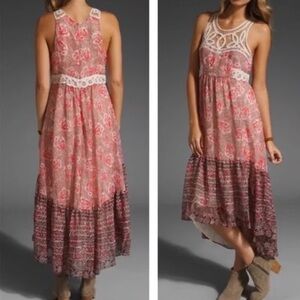 Free People Native Rose Pink Lace Bohemian Midi Patchwork Dress size 8
